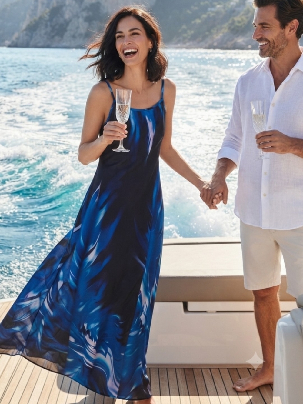 Stunning Abstract Blue Black Maxi Slip Dress Spaghetti Strap Flowy Vacay Beach L